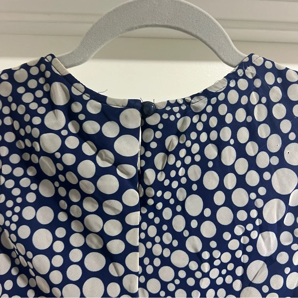 Blue and white polka dot sleeveless shift dress. - Picture 2 of 5